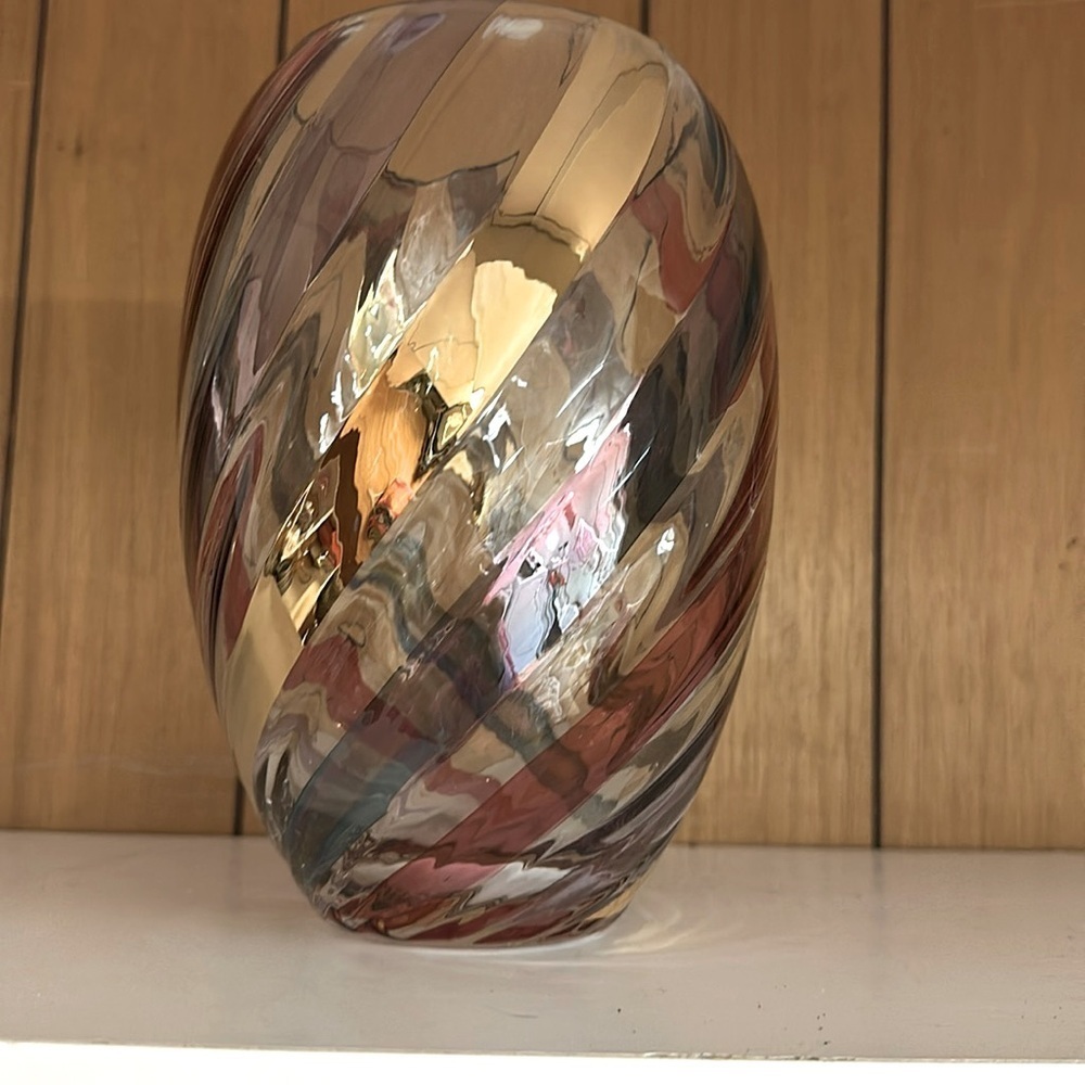 Vintage rainbow  swirl gold encrusted glass vase  Czech 9 1/2 x 4 1/2”